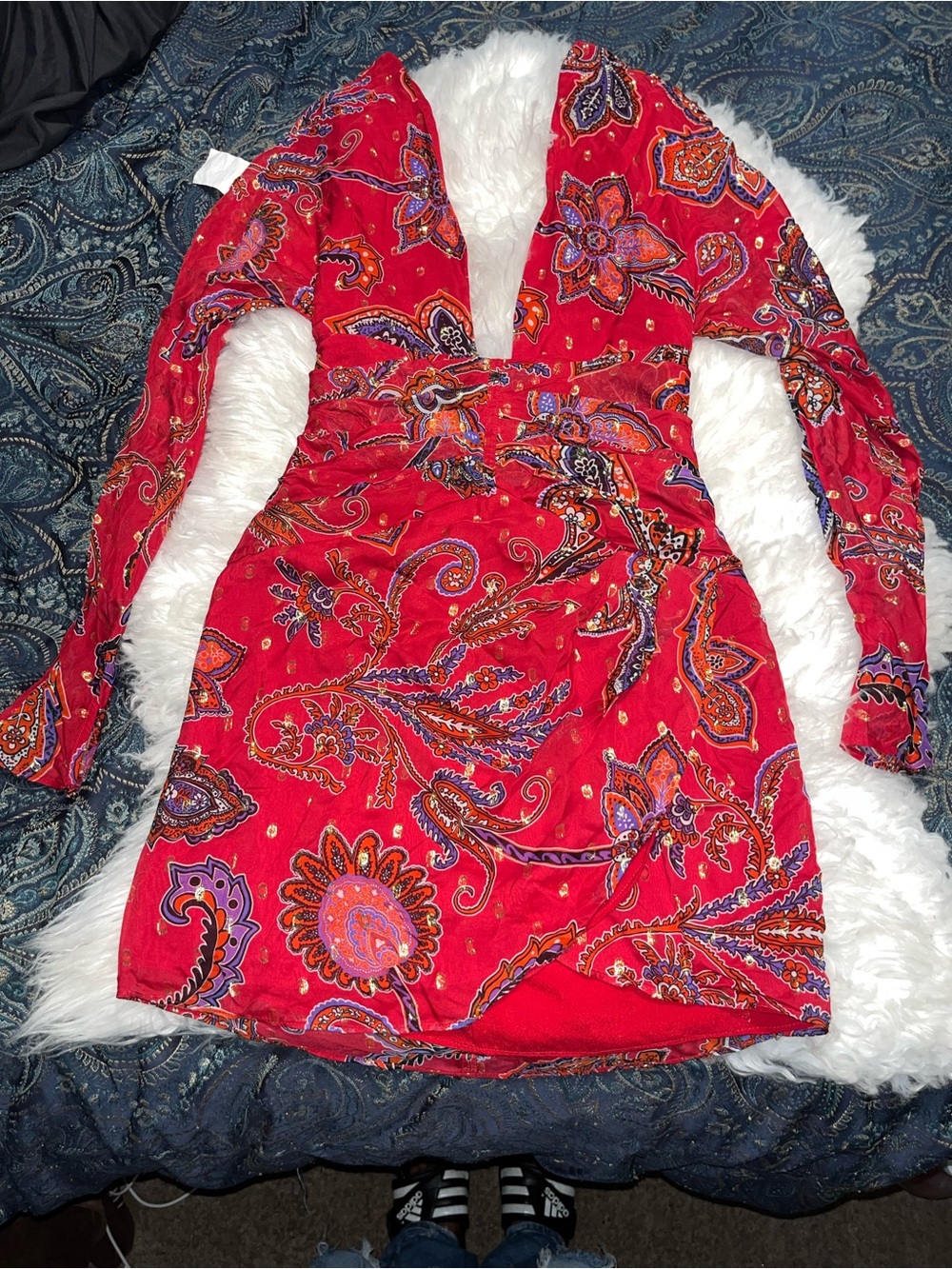 Red Paisley Long-Sleeve Mini Dress with V-Neck